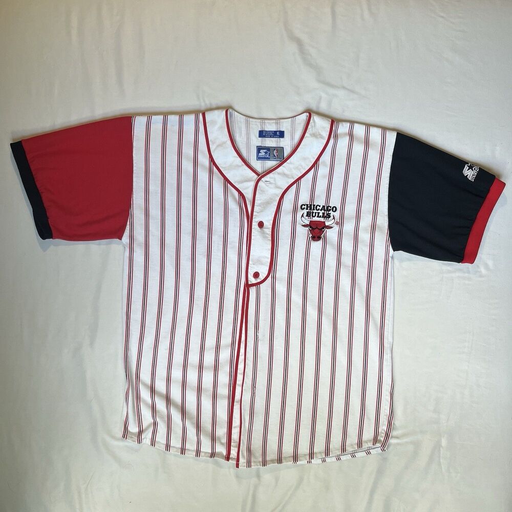 Vtg 90s Starter Chicago Bulls Baseball Jersey Men XL Pinstripe Embroidered